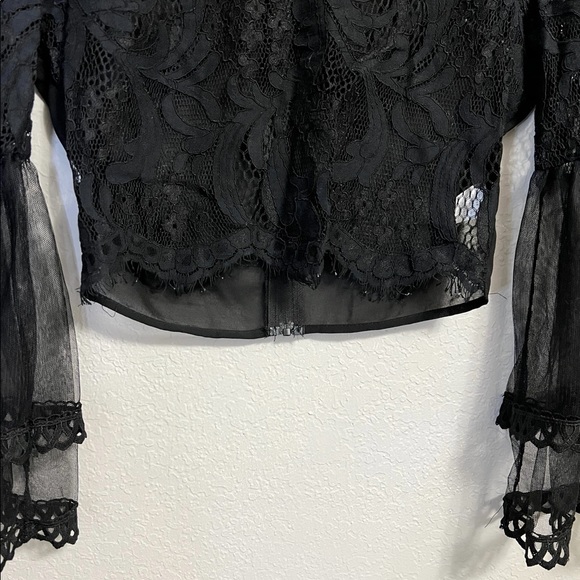 Peach | Floral Lace Up Sheer Long Sleeve Crop Top in Black - Picture 3 of 7
